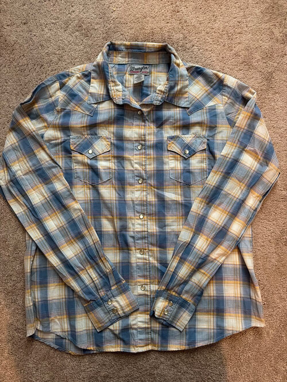 Vintage Wrangler Wrancher Womens Blue Plaid Pearl Snap Long Sleeve Size Large